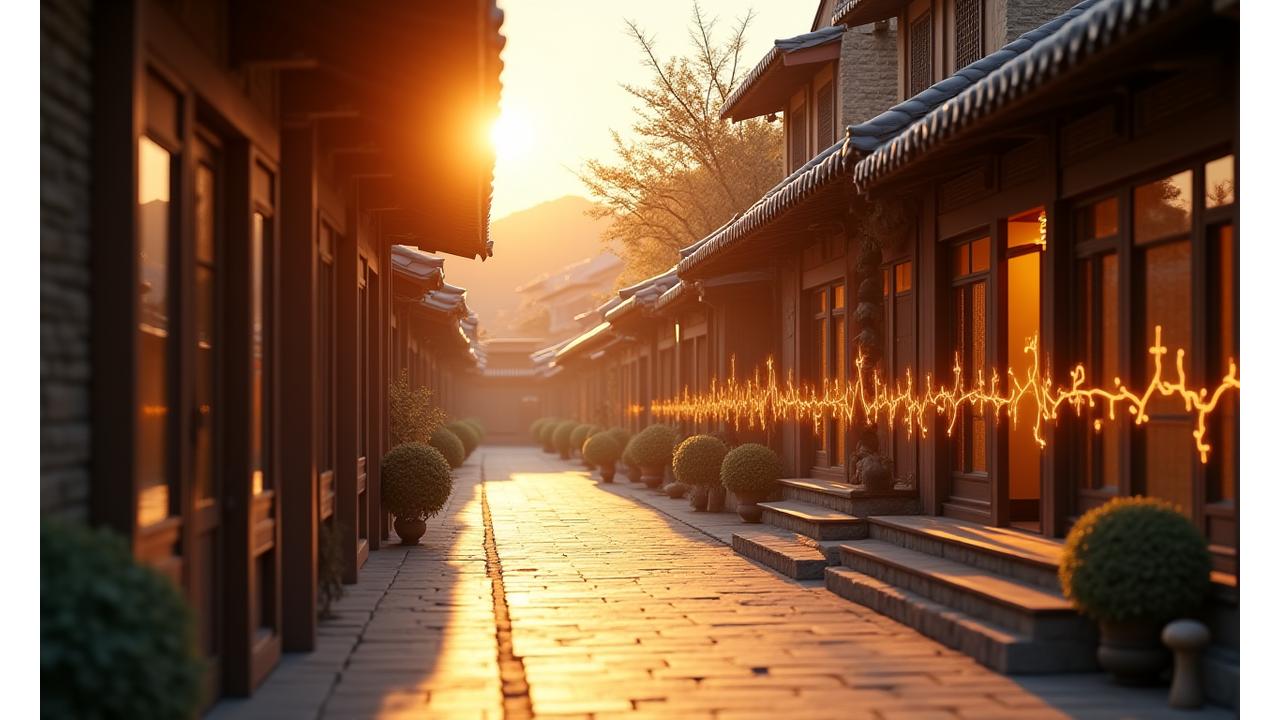 북촌 한옥들 사이에 위치한 한성 브루 & 블룸 카페 전경과 타임라인 인포그래픽