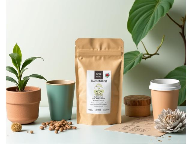 다양한 친환경 포장재, 공정무역 원두, 재활용 마크가 있는 지속가능성 관련 제품들