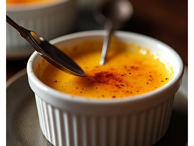 노릇하게 구워진 캐러멜 크러스트 아래 바닐라빈 크림이 있는 크림브륄레