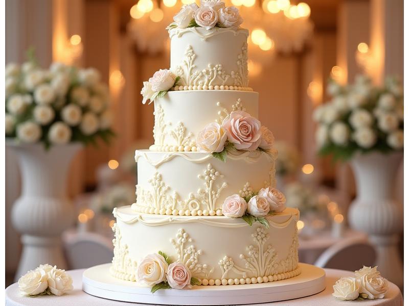 화려하게 장식된 층층이 쌓인 웨딩 커스텀 케이크