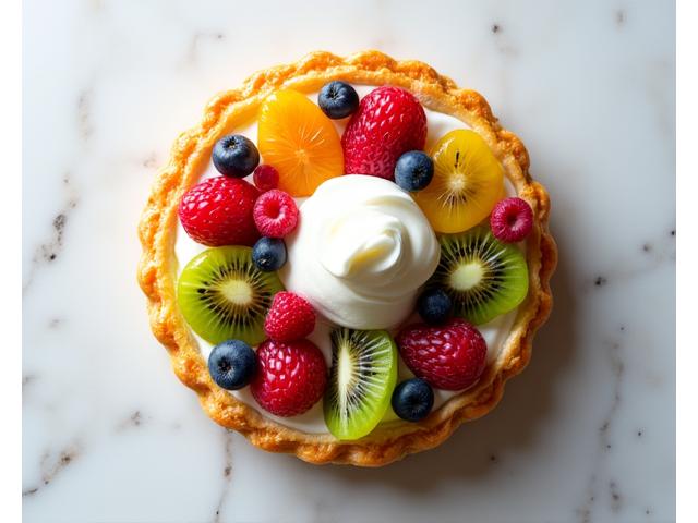 다양한 과일 토핑이 올라간 갓 구운 덴마크 페이스트리