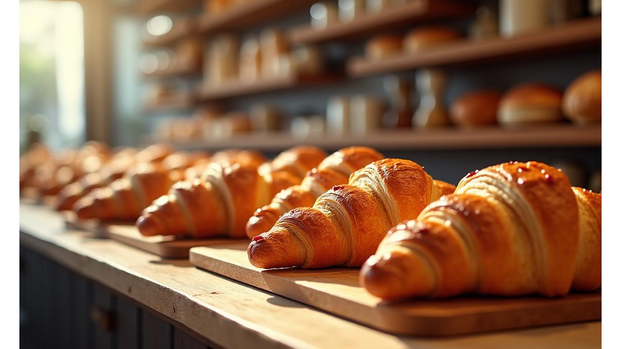 한성 브루 & 블룸의 따뜻한 베이커리 진열대, 갓 구운 크루아상, 덴마크 페이스트리, 바게트가 먹음직스럽게 놓여있음