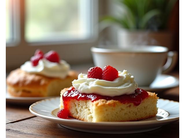 클로티드 크림과 잼이 곁들여진 따뜻한 영국식 스콘