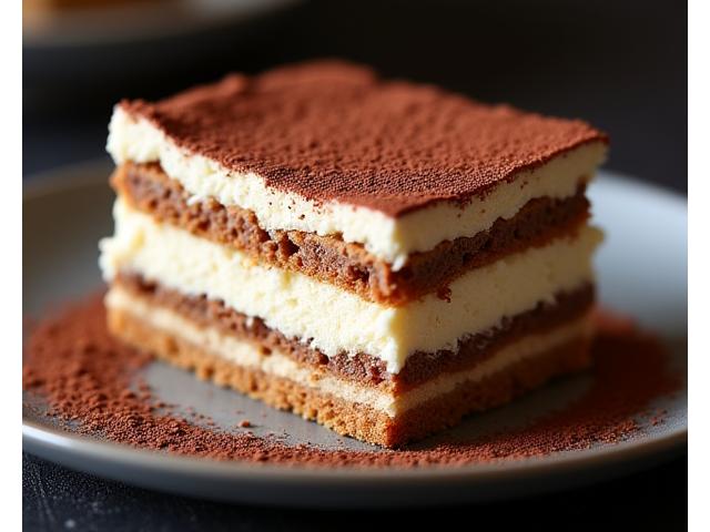 부드러운 마스카포네 크림과 코코아 파우더가 뿌려진 이탈리아 티라미수