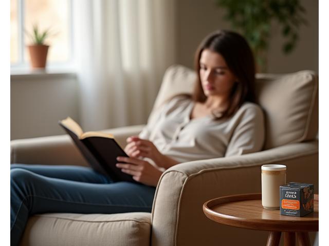 디카페인 블렌드 원두 봉투와 편안하게 휴식하는 사람의 모습