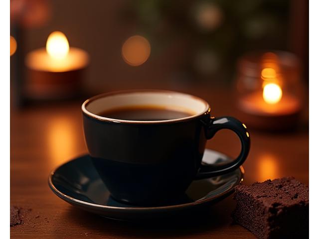 어둑한 저녁 불빛 아래 놓인 이브닝 블렌드 커피와 편안한 분위기의 카페