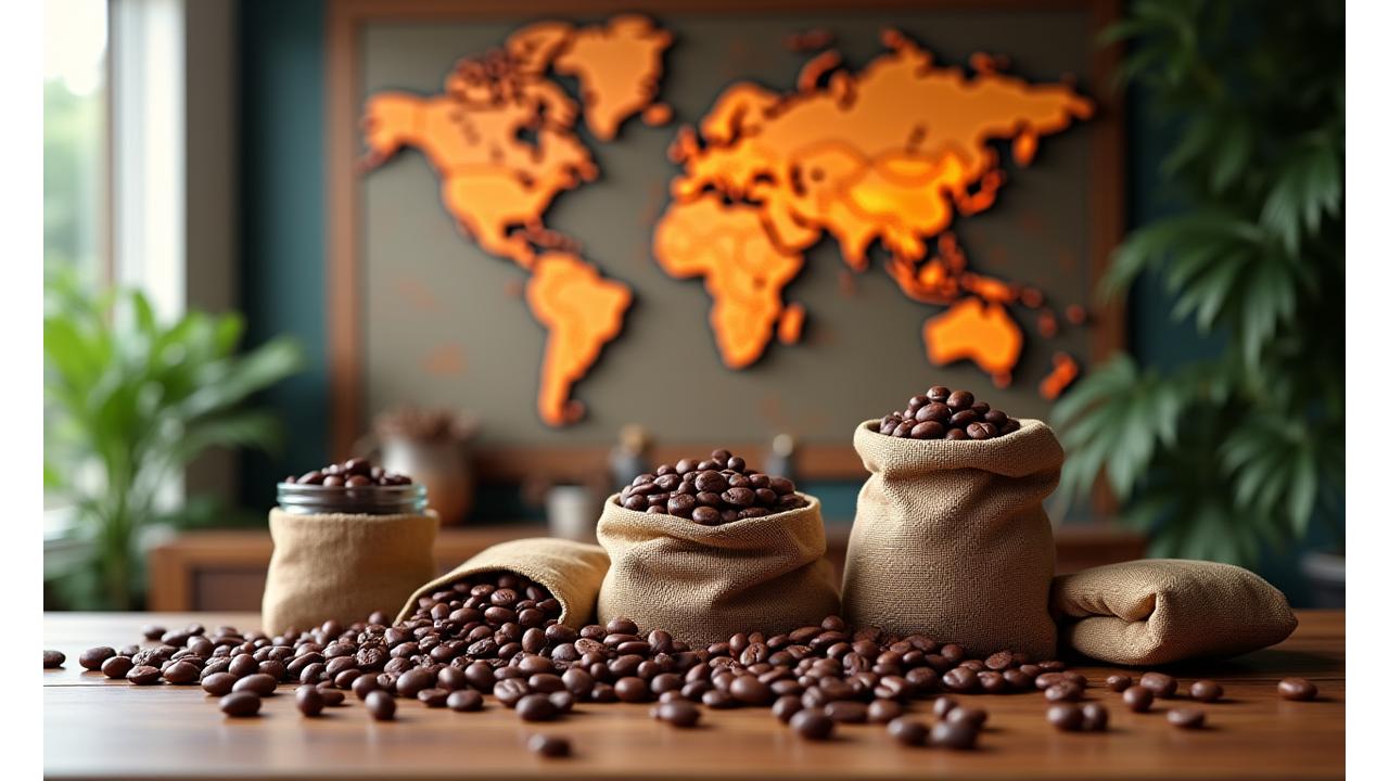 다양한 종류의 스페셜티 커피 원두가 담긴 자루들과 원두별 원산지를 표시하는 세계 지도