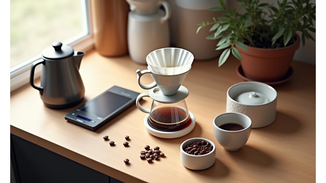 집에서 핸드드립 커피를 내리는 모습, 아름다운 원두와 추출 도구들