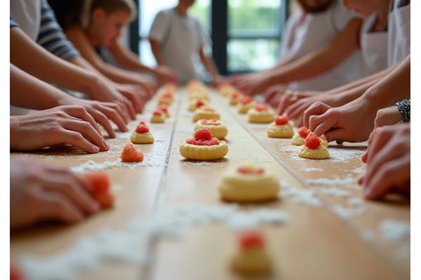 베이킹 워크샵에서 참가자들이 프로 셰프의 지시에 따라 빵을 만들고 있는 모습