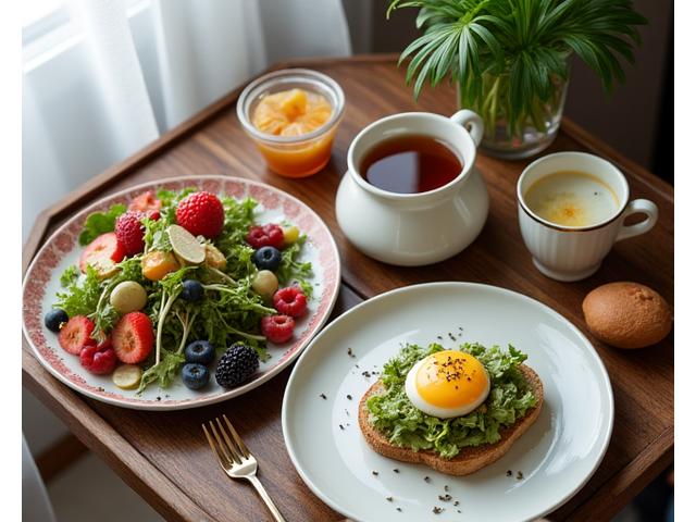 신선한 재료로 만든 아티장 티와 브런치 플레이트