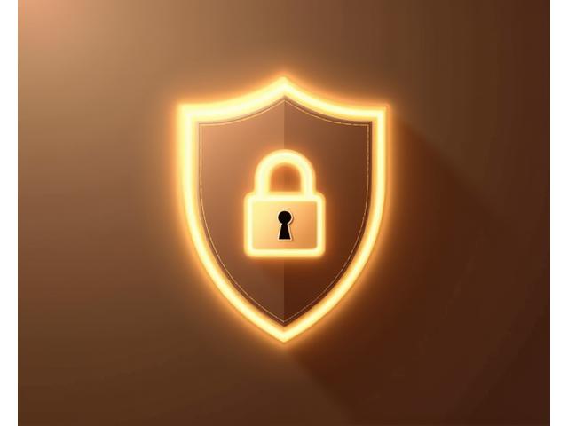 개인정보 보호를 상징하는 방패 모양의 아이콘과 자물쇠. 디지털 보안과 신뢰를 나타내는 깨끗하고 현대적인 디자인.