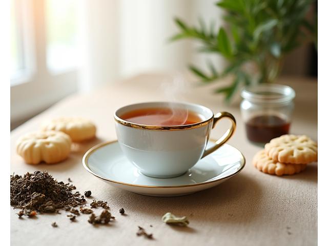 세련된 찻잔에 담긴 따뜻한 아티장 티와 다양한 종류의 프리미엄 찻잎이 정갈하게 놓여있는 모습