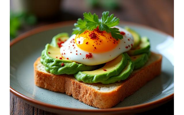 신선한 아보카도 슬라이스와 수란, 그리고 허브가 올려진 먹음직스러운 아보카도 토스트