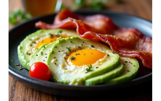 아보카도, 베이컨, 달걀, 치즈로 구성된 키토 프렌들리 브런치 메뉴