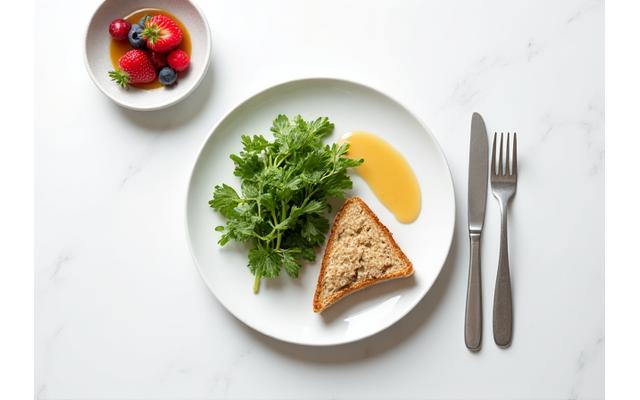 깔끔한 샐러드와 작은 토스트, 그리고 칼로리 표기가 보이는 저칼로리 브런치 세트