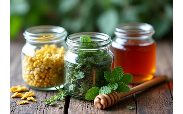 말린 캐모마일 꽃과 페퍼민트 잎, 루이보스 줄기가 유리병에 담겨있는 모습