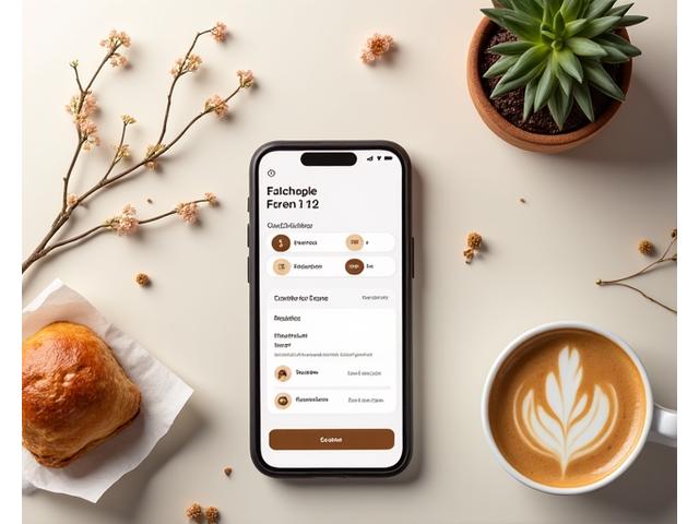 세련된 디자인의 모바일 앱 화면과 그 주위로 커피잔, 베이커리 등 한성 브루 & 블룸의 서비스 아이콘들이 배치된 모습