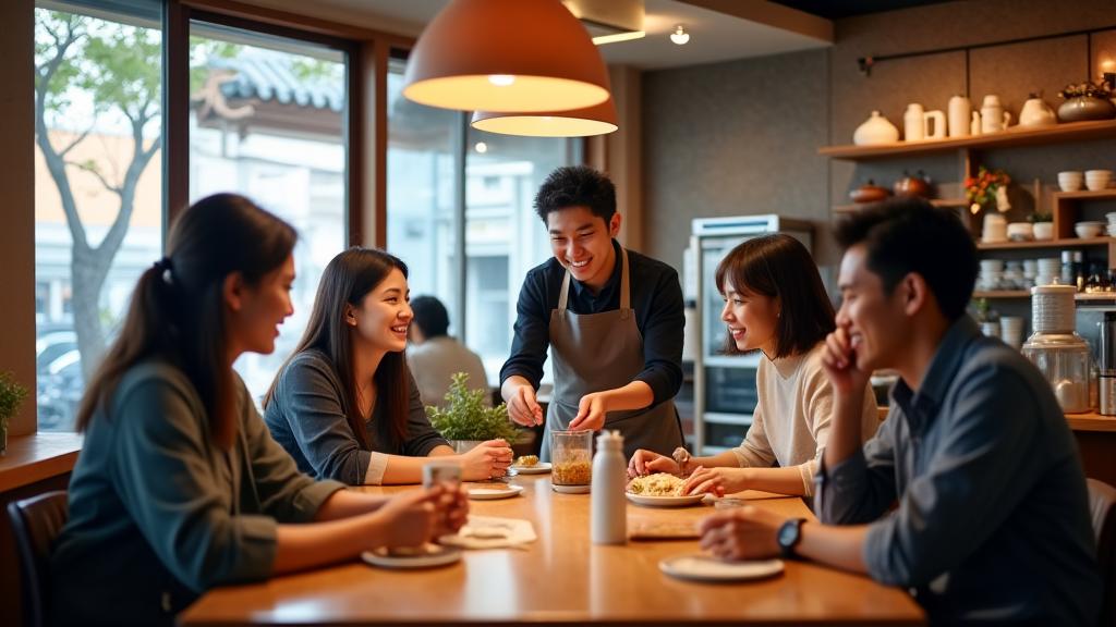 한성 브루 & 블룸의 직원들이 미소 지으며 고객을 응대하고, 다양한 비건 및 특수 식단 메뉴를 세심하게 준비하는 모습.
